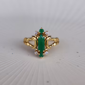 14K Gold Plated Sterling Silver Green Jade Ring, Half Moon Leaves Design