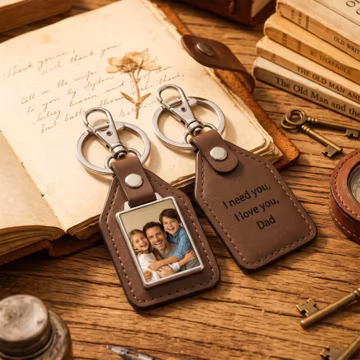 Personalized Leather Keychain with Photo, Engraved Picture Keyring, Christmas Gift for Dad, Anniversary Gift for Him