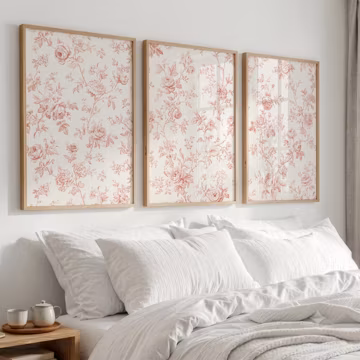 Pink Botanical Wall Art Set of 4, Vintage Floral Nursery Prints, Toile Wall Art, Cottagecore Baby Girl Room Decor, Printable Art