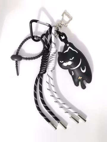 Black Cat Bag Charm Braided Rope Keychain: Cute Kawaii Goth Paracord Purse Charm for Handbag or Backpack decor, Bag Accessory Gift for her
