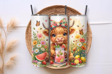 Highland Cow 20oz Tumbler Wrap PNG, Watermelon Summer Cow Sublimation Design, Cute Floral Highland Cow Digital Download