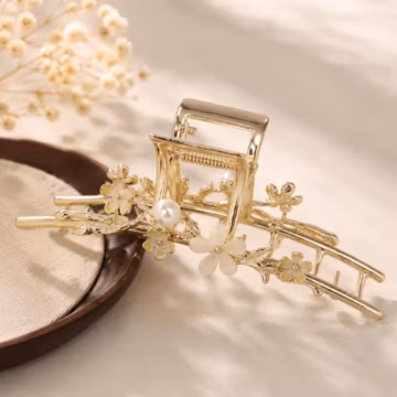 French Floral Hair Claw Clip, Gold Flower Hair Clip, Pearl Hair Claw, Elegant French Twist Clip, Wedding Guest Hair Accessory for Women