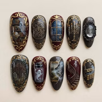 Handmade Haunted Manor Press On Nails - Vintage Gothic Ghost Library, 3D Art, Almond Nails for Dark Fantasy Vibes