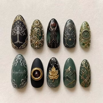 Handmade Fantasy Forest Press On Nails - Elven Tree, Mountain, Magic Door, Gold Details - Almond Nails for Mystic Vibes
