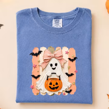 Comfort Colors Pink Bow Ghost Tee, Coquette Halloween T-Shirt, Pumpkin Bat Shirt, Pastel Spooky Tshirt, Retro Girly Fall Graphic for Women