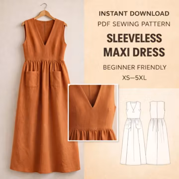 Maxi Dress Sewing Pattern PDF | Sleeveless V Neck Patch Pocket Dress | Women’s Woven Dress Pattern XS–5XL | Instant Download