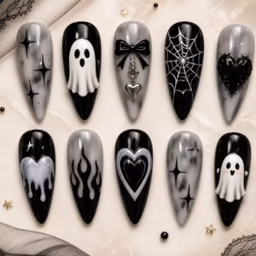 Ghost Halloween Press On Nails | Gothic Coquette Black Gray Handmade Nails | Cute Spooky Ghost Spider Web Press On Nail Set