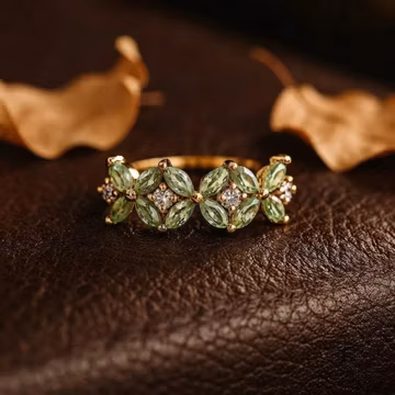 Vintage Green Amethyst Engagement Ring, 14k Gold Cluster Marquise Floral Band, Wedding Band, Promise Ring Stacking Anniversary Women's Gifts