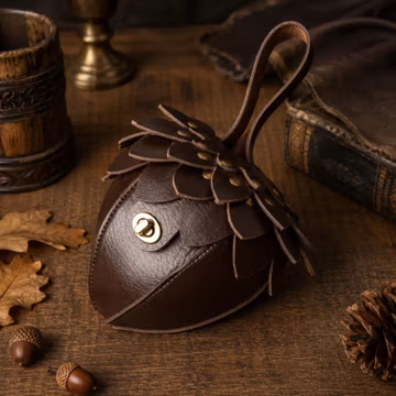 Medieval Leather Belt Bag, Pinecone Acorn Pouch, Renaissance Waist Pack, Steampunk Rivet Buckle