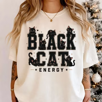 Black Cat Energy PNG, Halloween Vintage Distressed Retro Typography, Trendy Fall Shirt Design, Commercial Use Sublimation PNG
