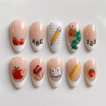 Handmade Back To School Press On Nails | Luxury Apple Pencil & ABC Art | Cute Classroom Custom Nails Set