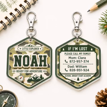 Personalized Kids Camo Keychain, Custom 2 Layer Acrylic Backpack Tag, Double Sided Emergency Contact ID, Boys School Bag Name Tag