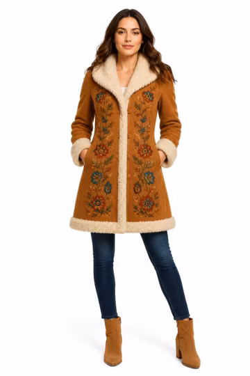 Embroidered Penny Lane Coat, Tan Afghan Faux Suede Jacket, Floral 70s Boho Coat, Cream Shearling Trim Winter Outerwear