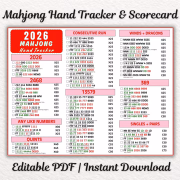 2026 Mahjong Hand Tracker Printable, American Mahjong Scorecard, Mah Jongg Scoreboard, Game Night PDF Download