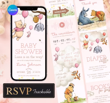 Winnie Pooh Baby Shower Invitation Website with RSVP | Girl Baby Shower | Baby Shower Invitation Theme | Digital Download