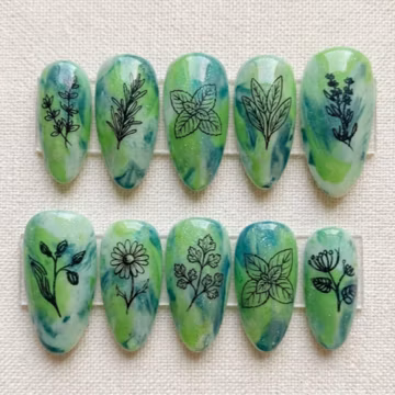 Handmade Botanical Press On Nails | Green Marble Herb Garden Leaf Art | Nature Inspired Cottagecore Almond Fake Nails