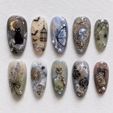 Handmade Witchy Gothic Press On Nails | Halloween Tarot Celestial Botanical Nail Art | Black Cat Butterfly Ghost Almond Fake Nails