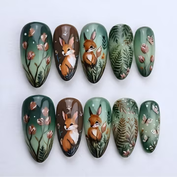 Handmade Woodland Fox Press On Nails | Forest Botanical Nature Art | Cottagecore Green Hand Painted Fake Nails