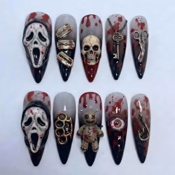 Handmade Horror Halloween Press On Nails | Ghostface Skull Bloody Gore 3D Gothic Art | Spooky Long Stiletto Fake Nails