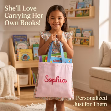 Personalized Kids Library Bag, Seersucker Toddler Daycare Bag, Custom Book Tote for Boys Girls, Monogrammed Name Bag, Back to School Gift