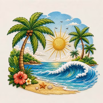 Tropical Beach Wave Embroidery Design, Palm Tree Ocean Scene, Summer Paradise Machine Embroidery Pattern