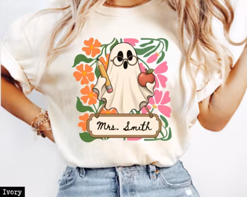 Personalized Ghost Teacher Shirt, Comfort Colors Halloween Teacher Tee, Custom Teacher Name Shirt, Spooky Back To School Gift for Teacher