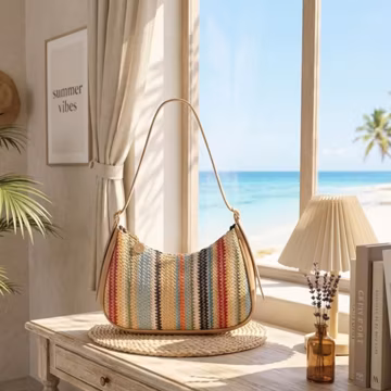 Straw Shoulder Bag with Rainbow Stripes, Woven Crescent Baguette Purse, Summer Clutch, Boho Beach Vacation Hobo Gift for Her