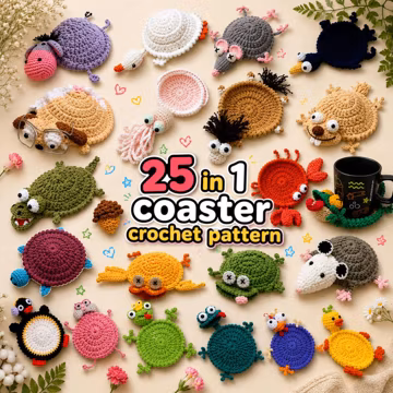 25-in-1 Animal Crochet Coaster Pattern Bundle PDF | Cute Amigurumi Mug Rugs | Interactive Animal Coasters + Video Tutorials
