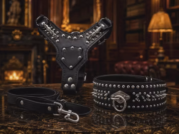 Studded Leather Pet Harness Set, Adjustable Collar & Leash, Handmade Genuine Leather, Heavy-Duty Gear