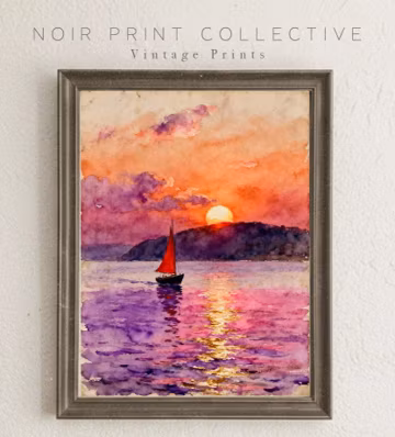 Vintage Coastal Nautical Sunset Print, Classic Landscape Wall Art (Digital Download)