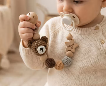 Handmade Boho Pacifier Clip, Personalized Baby Dummy Holder, New Mom Gift, Neutral Baby Accessory