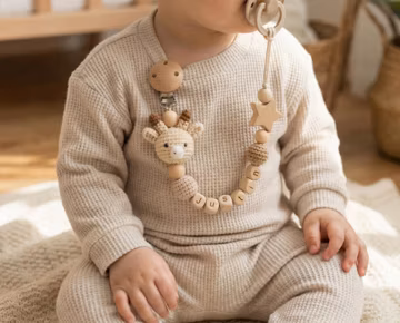 Personalized Crochet Pacifier Clip, Neutral Boho Pacifier Holder, Custom Name Baby Accessory, Newborn Baby Shower Gift