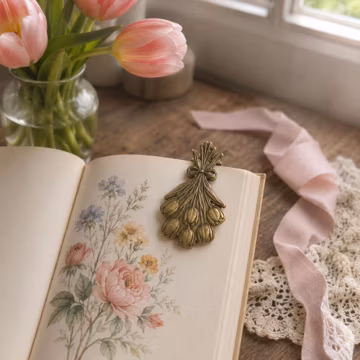 Personalized Engravable Vintage Journal Clip, Antique Brass Bookmark Clip, Custom Book Lover office Gift, Bee Tree Shell Tulip Hand Design