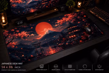 Japanese Sakura Desk Mat, Mount Fuji Mouse Pad, Red Sun Gaming Desk Pad, Anime Aesthetic Desk Mat, XL Keyboard Pad