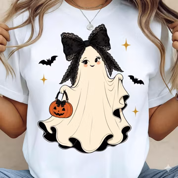 Coquette Ghost PNG, Cute Halloween Ghost with Black Lace Bow, Girly Spooky Sublimation Design, Gothic Halloween Shirt Graphic for Women