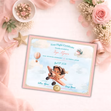 My First Flight Certificate | Printable Keepsake | Girl and Teddy Bear | Pink Hot Air Balloon | Edit-In-Canva