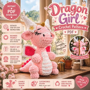 Dragon Girl Crochet Pattern PDF, Fantasy Amigurumi Plush Doll, Cute Dragon Girl Crochet Tutorial, Instant Download