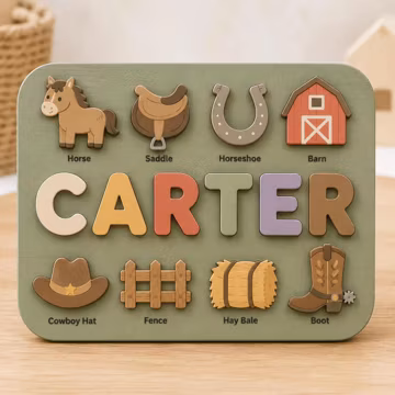 Personalized Cowboy Name Puzzle, Custom Wooden Name Puzzle, Western Montessori Toy, Horse Farm Baby Gift, Cowboy Nursery Decor