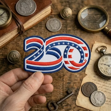 Patriotic USA 250 Patch | American Flag Ribbon Semiquincentennial Embroidered Iron Badge