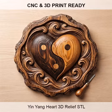 Yin Yang Heart 3D Relief STL File for CNC Carving & 3D Printing (Digital Download)