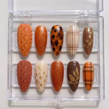 Autumn Cable Knit Tortoiseshell Press On Nails | Burnt Orange Glitter Gel Set
