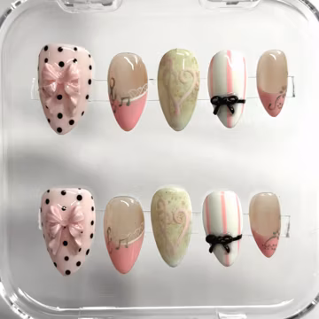 Handmade Pink Kawaii Press On Nails with Polka Dots, 3D Ribbon & Pastel Stripes