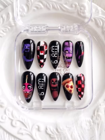 Horror Game Press On Nails: Handpainted Animatronic 3D Pizza Bloody Checkerboard