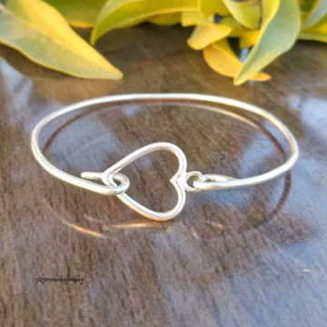 Handmade 925 Sterling Silver Heart Hook Bangle Bracelet Unique Minimalist Jewelry Gift For Women