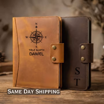 Personalized Adventure Leather Journal, Compass Travel Notebook Cover A5 A4, Leather Portfolio Padfolio Organizer, Camping Journal