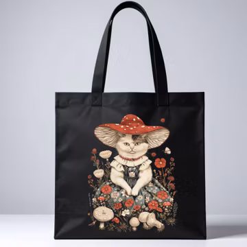 Mushroom Cat Floral Dress Tote Bag, Whimsical Animal Lover Gift