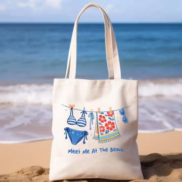 Beach Party Tote Bag, Custom Name Cotton Canvas, Summer Bridesmaid Gift