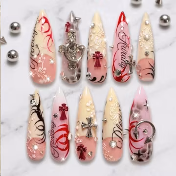 Coquette Press On Nails / Gothic Romance / Cross Charms Red Swirl French Tips / Y2K Fairy Grunge / Handmade Press On Nails