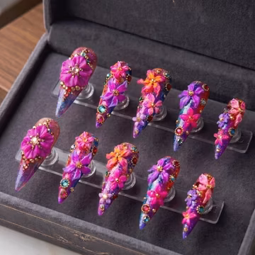 Handmade Floral Press On Nails | Purple Galaxy Stiletto Nails | 3D Flower Rhinestone Fake Nails | Luxury Gradient Nail Set