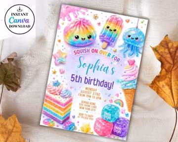 Squishy Sensory Birthday Invitation , Neon Colorful Editable Canva Party Invite (Digital Download)